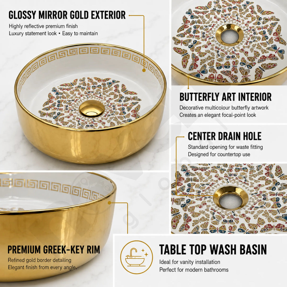 Novera Global Pearlwing Round Table Top Wash Basin with Butterfly Design, Mirror Gold & White Ceramic, 5-Year Warranty Novera Global
