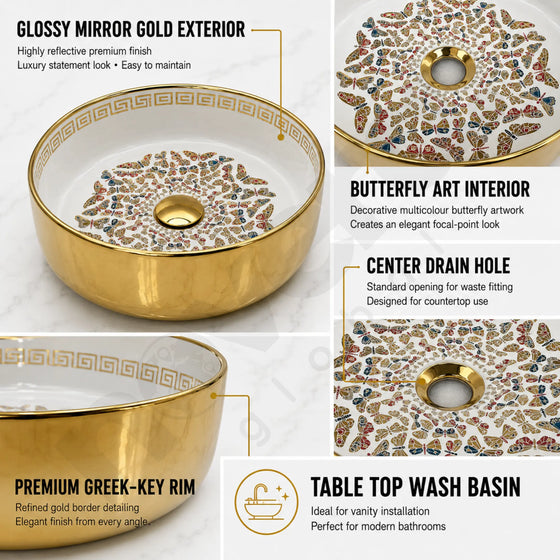 Novera Global Pearlwing Round Table Top Wash Basin with Butterfly Design, Mirror Gold & White Ceramic, 5-Year Warranty Novera Global
