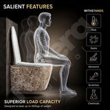 Toilet with a human skeleton model sitting on it, highlighting durability features.