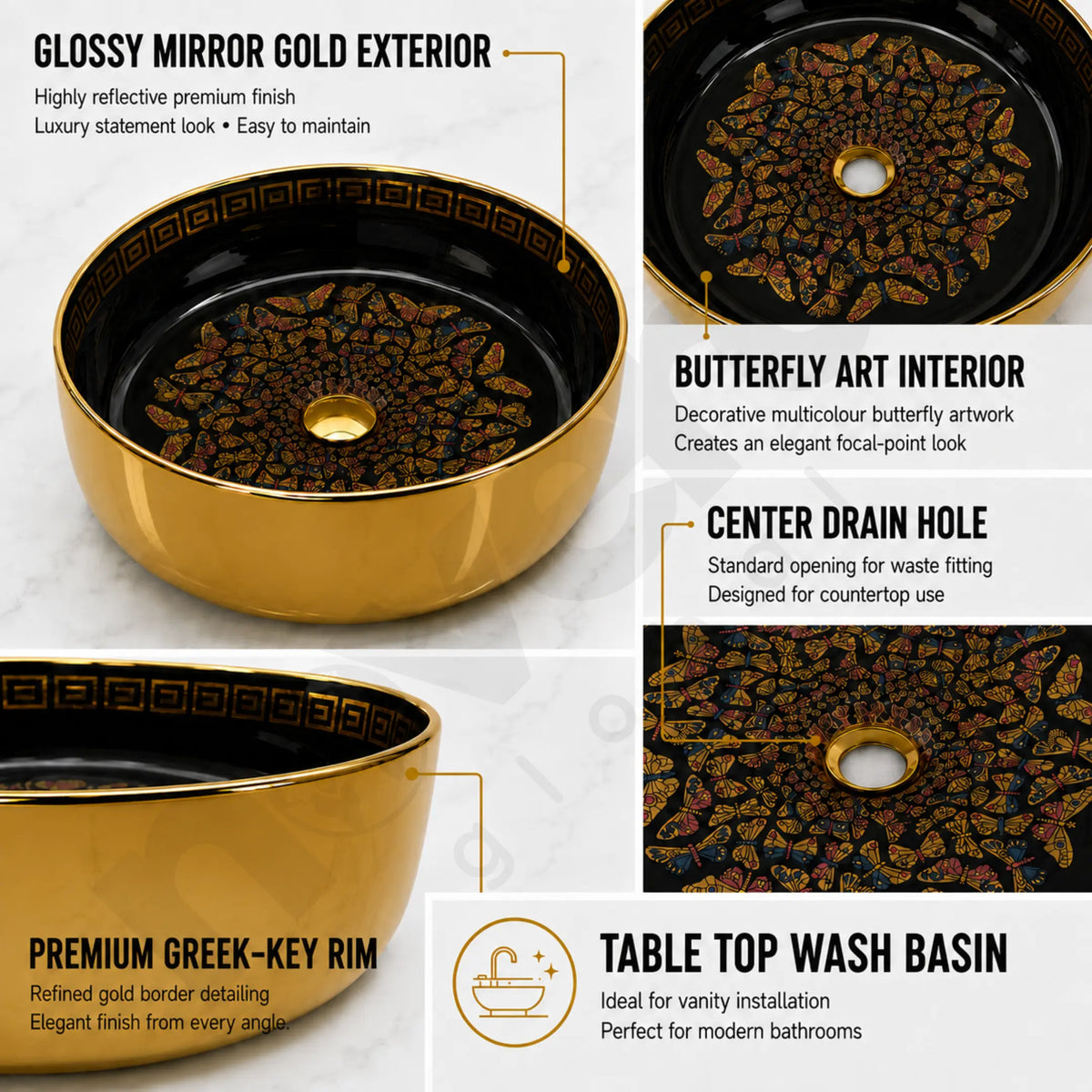 Novera Global Onyxwing Ceramic Table Top Wash Basin with Butterfly Design, Round Countertop Vessel Sink, Mirror Gold Exterior & Glossy Black Interior, 5-Year Warranty Novera Global