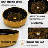 Novera Global Onyxwing Ceramic Table Top Wash Basin with Butterfly Design, Round Countertop Vessel Sink, Mirror Gold Exterior & Glossy Black Interior, 5-Year Warranty Novera Global