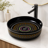 Novera Global Designer Ceramic Table Top Wash Basin | Round Above Counter Vessel Sink for Bathroom Vanity | 5-Years Warranty | Mandala Art Countertop Wash Bowl | Glossy Finish Wash Basin (BLACK) Novera Global