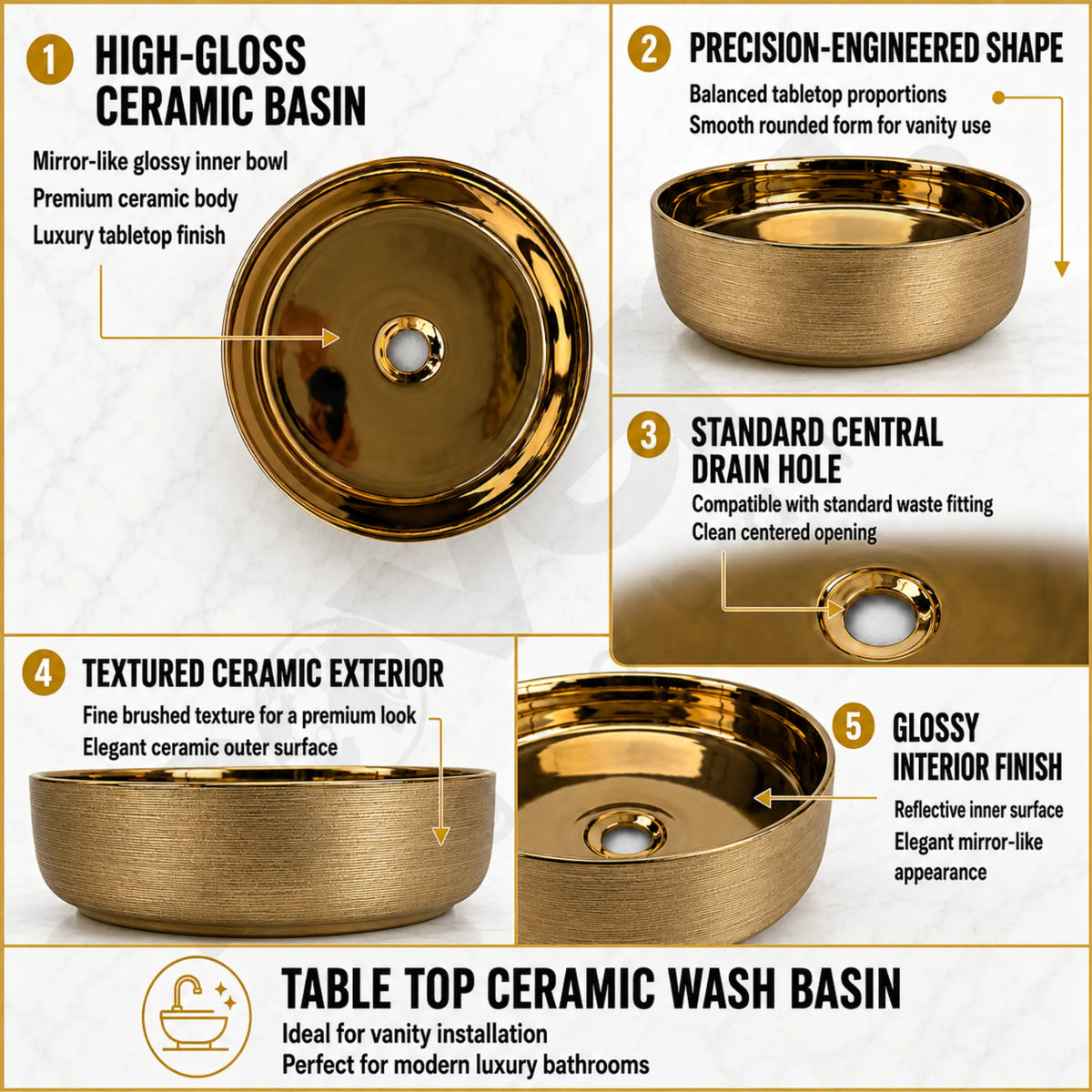 Novera Global Ceramic Table Top Wash Basin | Glossy Finish Round Vessel Sink | Above Counter Vessel Sink for Bathroom Vanity | 5-Years Warranty | Imported Glossy Countertop Wash Bowl (Rose Gold) Novera Global