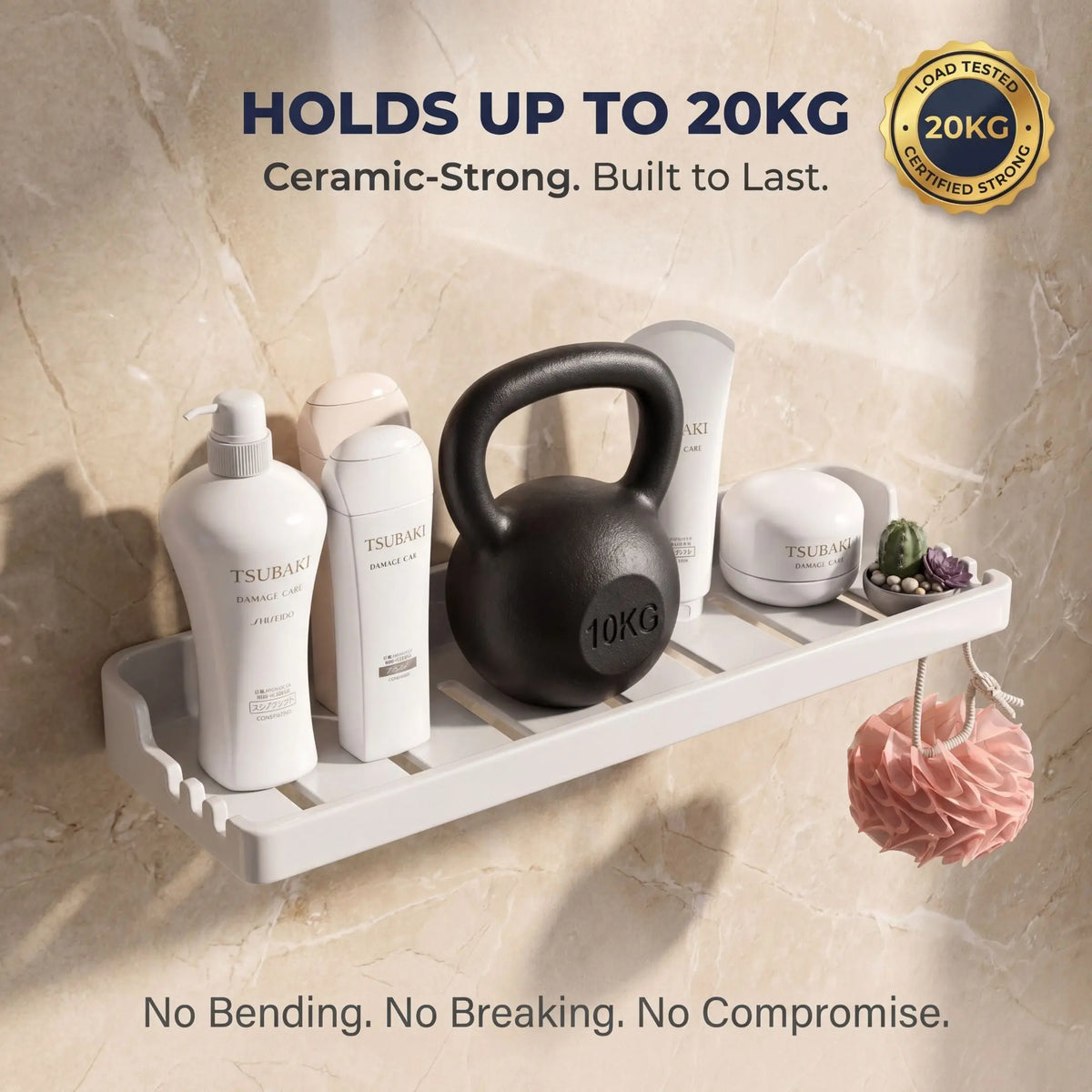White wall shelf holding bottles, a kettlebell, and other items against a beige marble background.