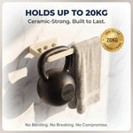 Kettlebell holder with a 20kg kettlebell on a marble surface, featuring text about its strength and durability.