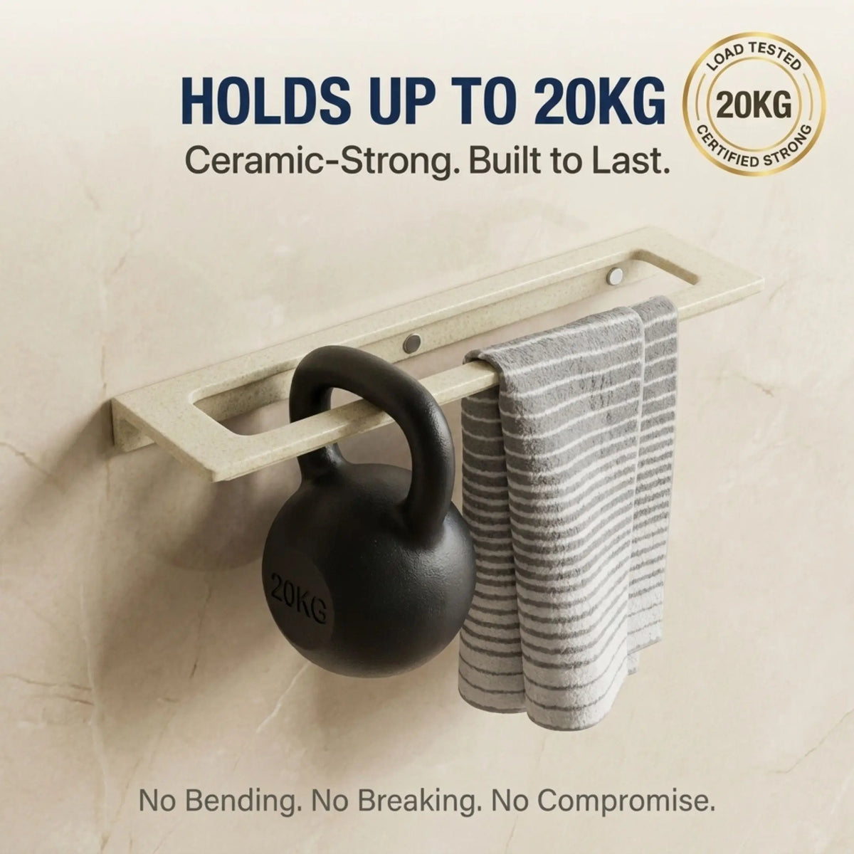Wall-mounted rack holding a kettlebell and towel with text about weight capacity and durability.
