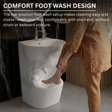 Person washing feet in a white foot wash basin with text about comfort design.