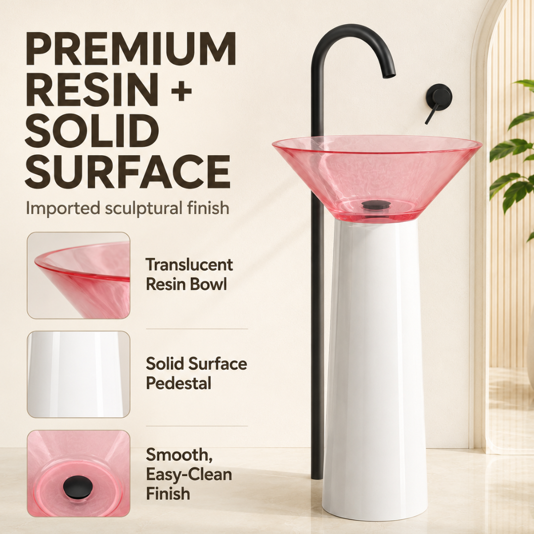 Novera Global Bloom Freestanding Pedestal Wash Basin | 10-Years Warranty | Premium Resin & Solid Surface Floor Standing Designer Basin | Translucent Pink Bowl | Drainer Included, 450 × 450 × 900 mm