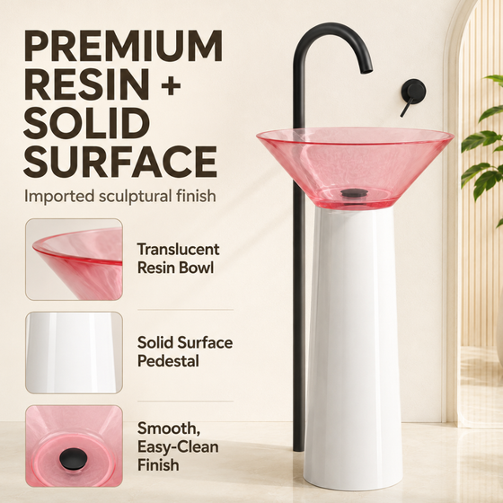 Novera Global Bloom Freestanding Pedestal Wash Basin | 10-Years Warranty | Premium Resin & Solid Surface Floor Standing Designer Basin | Translucent Pink Bowl | Drainer Included, 450 × 450 × 900 mm