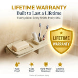 Bathroom organizer with soap dish and toothbrush holder, featuring a lifetime warranty guarantee.