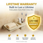 Bathroom organizer with soap dish and toothbrush holder, featuring a lifetime warranty guarantee.