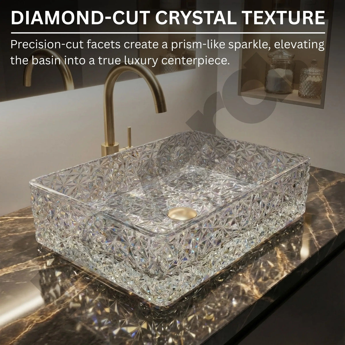 Crystal glass basin with diamond-cut texture on a marble countertop