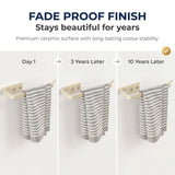 Towel rack with striped towel showing color stability over time on a white background
