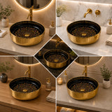 Novera Global Onyxwing Ceramic Table Top Wash Basin with Butterfly Design, Round Countertop Vessel Sink, Mirror Gold Exterior & Glossy Black Interior, 5-Year Warranty Novera Global