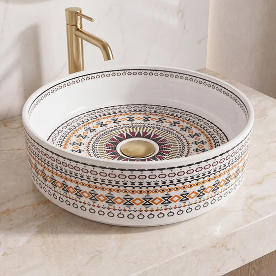 Novera Global Designer Ceramic Table Top Wash Basin | Round Above Counter Vessel Sink for Bathroom Vanity | 5-Years Warranty | Mandala Art Countertop Wash Bowl | Glossy Finish Wash Basin (WHITE) Novera Global