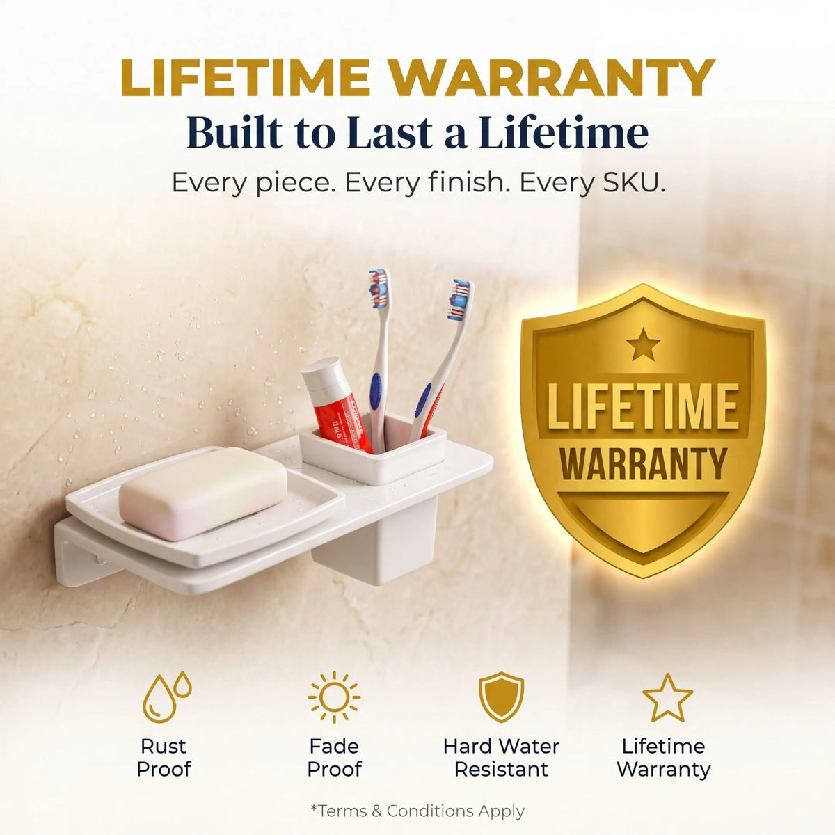 Wall-mounted bathroom organizer with toothbrushes and soap, featuring a lifetime warranty badge.
