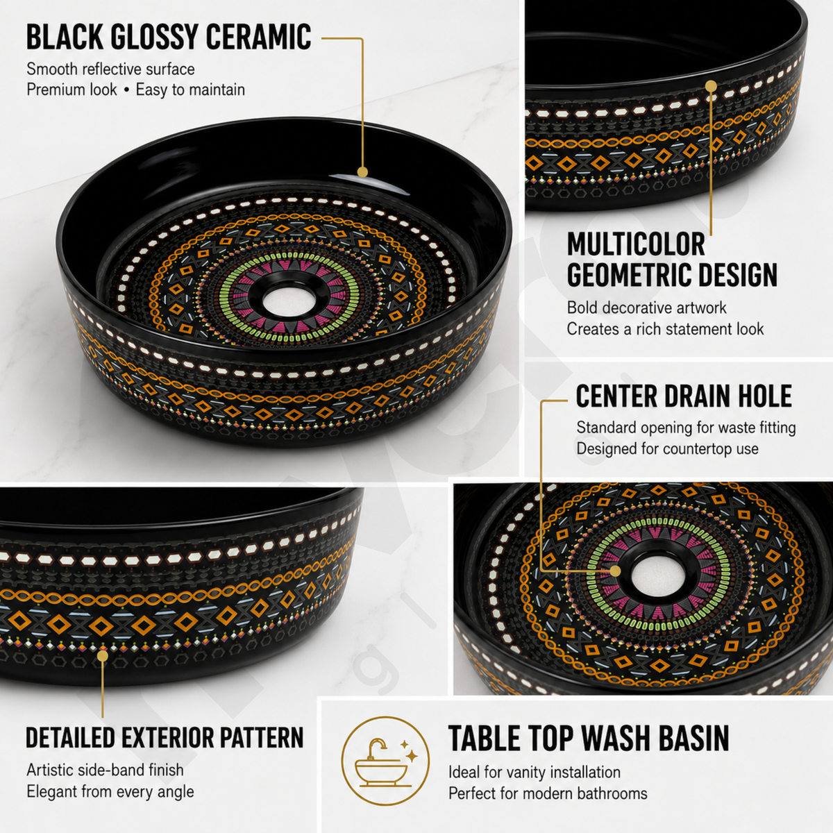 Novera Global Designer Ceramic Table Top Wash Basin | Round Above Counter Vessel Sink for Bathroom Vanity | 5-Years Warranty | Mandala Art Countertop Wash Bowl | Glossy Finish Wash Basin (BLACK)