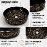 Novera Global Designer Ceramic Table Top Wash Basin | Round Above Counter Vessel Sink for Bathroom Vanity | 5-Years Warranty | Mandala Art Countertop Wash Bowl | Glossy Finish Wash Basin (BLACK) Novera Global