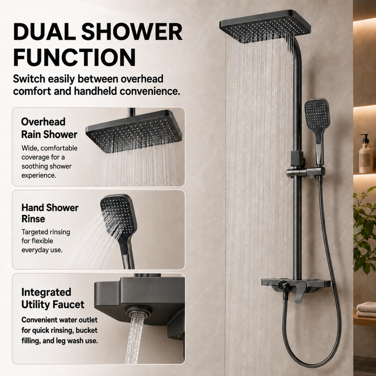 Novera Global Smart Shower Panel Set, Triflow Functions-Overhead Rain Shower + Hand Shower + Waterfall Tub Spout | 5-Year Warranty | Mixer with Hot & Cold Dual Knob, Adjustable Height Shower System, Wall Mounted Shower (Brushed Gunmetal)