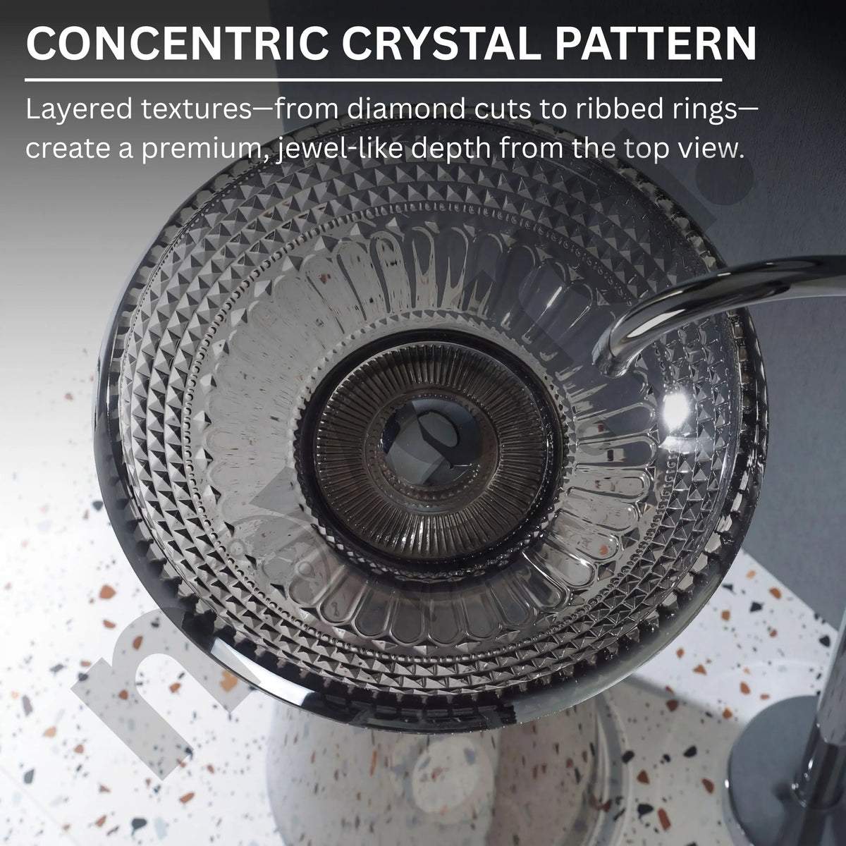 Close-up of a crystal patterned object with text describing its layered textures.