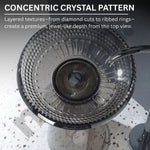 Close-up of a crystal patterned object with text describing its layered textures.