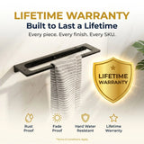 Towel rack with towel and lifetime warranty badge on a light background