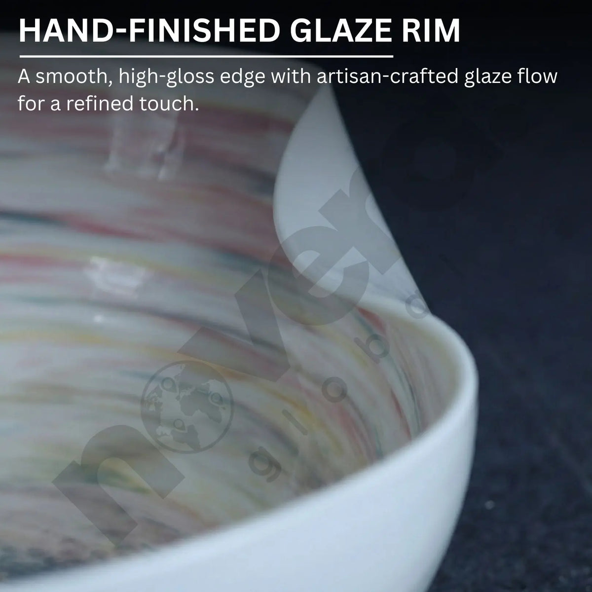 Close-up of a ceramic bowl with a hand-finished glaze rim, showing a smooth, high-gloss edge.