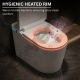 Hygienic heated rim of a toilet with glowing orange light and text explaining its benefits.