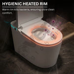 Hygienic heated rim of a toilet with glowing orange light and text explaining its benefits.