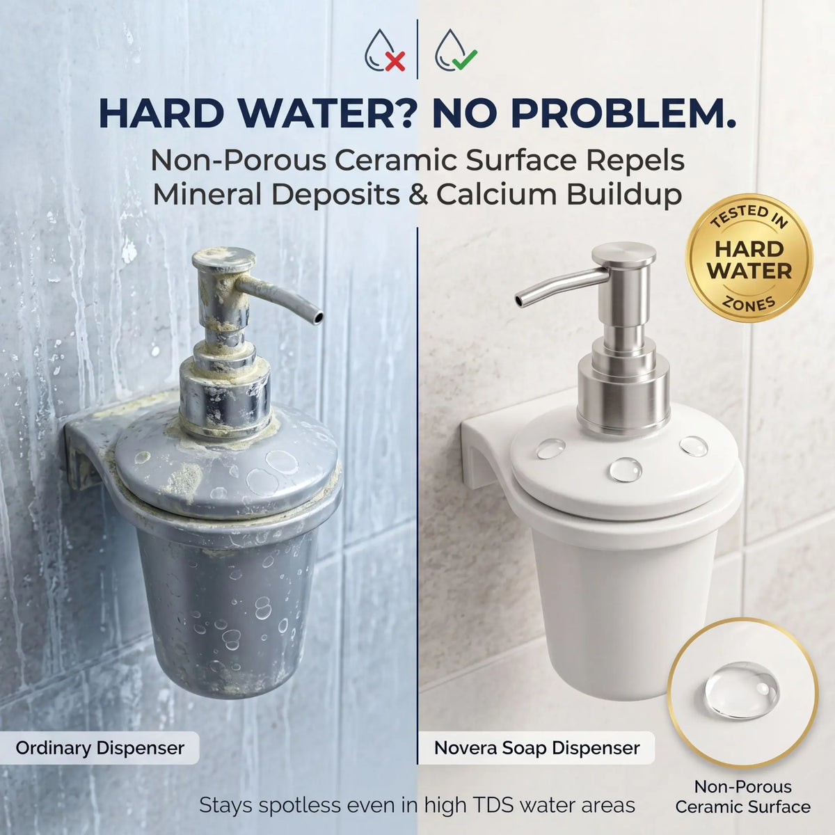 Soap dispensers with text highlighting the benefits of a non-porous ceramic surface in hard water environments.