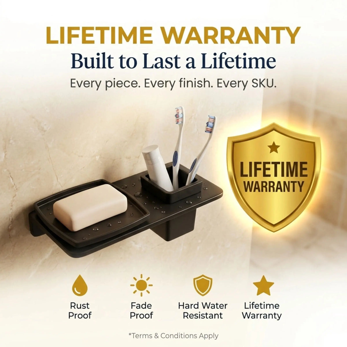 Wall-mounted bathroom organizer with soap and toothbrushes, featuring a lifetime warranty badge.
