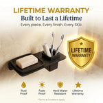Wall-mounted bathroom organizer with soap and toothbrushes, featuring a lifetime warranty badge.