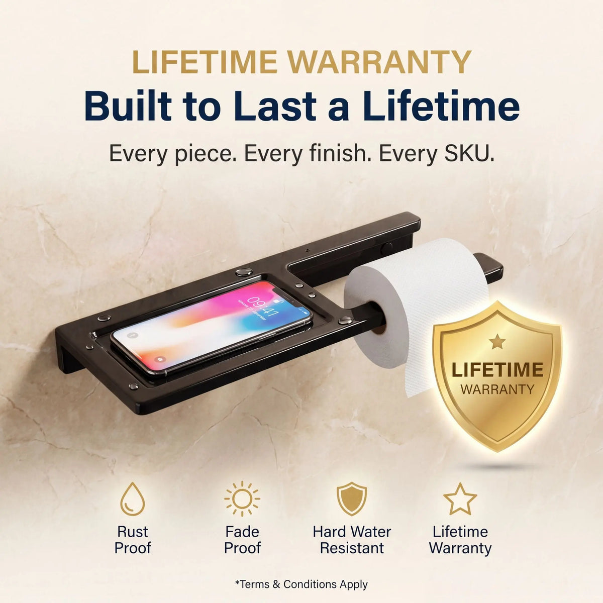 Wall-mounted phone holder with lifetime warranty guarantee on a beige background