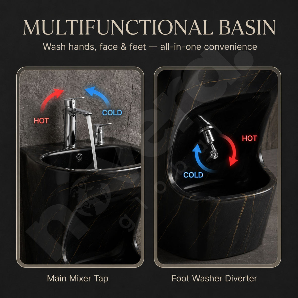 Wudu Basin Imperial Black (Ceramic) | One-Piece Pedestal Ablution Basin with Leg Wash – Novera Global