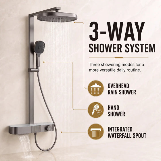 Rain Shower Set for Bathroom –3-in-1 Function Panel Overhead Rain & Hand Shower, Waterfall Spout | Mixer with Hot & Cold Dual Knob, Adjustable Height Shower, Wall-Mounted (Gunmetal Grey) Novera Global