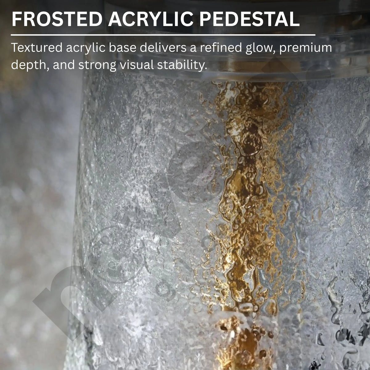 Frosted acrylic pedestal with text describing its features