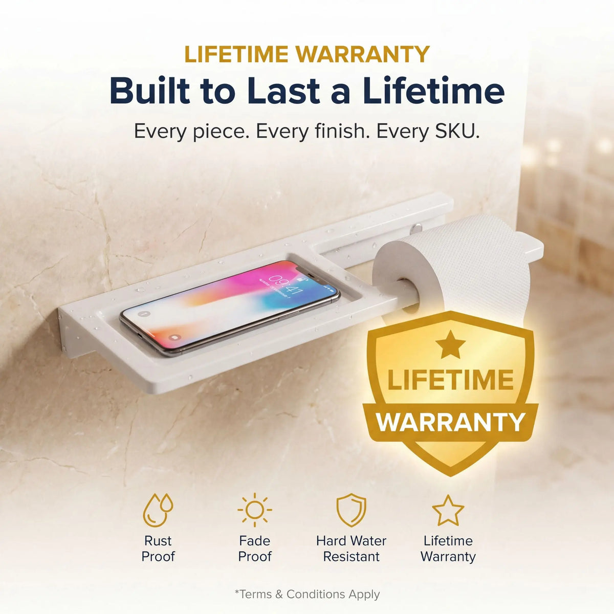 White shelf with smartphone on a beige wall background, featuring a lifetime warranty badge.