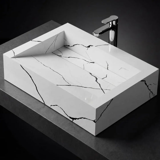 Novera Global Handmade White Marble Finish Countertop Ceramic Vessel Sink with Covered Outlet