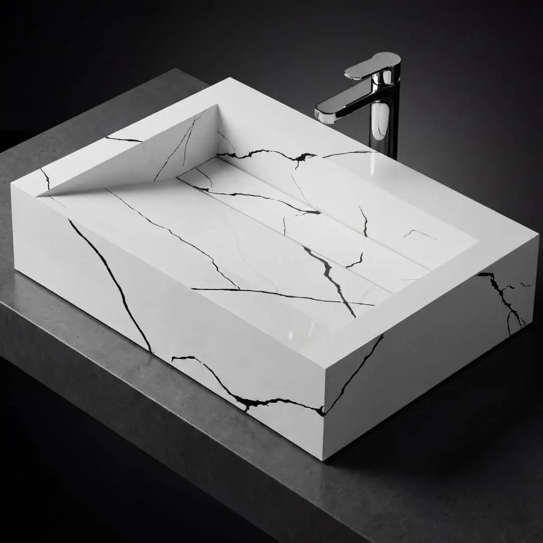 Novera Global Handmade White Marble Finish Countertop Ceramic Vessel Sink with Covered Outlet