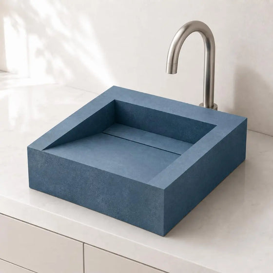 Handmade Steel Blue Square Vessel Basin with Contemporary Matt Finish