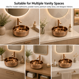 Novera Global Ceramic Table Top Wash Basin | Glossy Finish Round Vessel Sink | Above Counter Vessel Sink for Bathroom Vanity | 5-Years Warranty | Imported Glossy Countertop Wash Bowl (Rose Gold)
