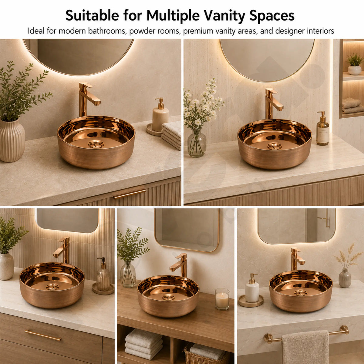 Novera Global Ceramic Table Top Wash Basin | Glossy Finish Round Vessel Sink | Above Counter Vessel Sink for Bathroom Vanity | 5-Years Warranty | Imported Glossy Countertop Wash Bowl (Rose Gold) Novera Global