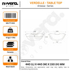 Product label for Verdelle table top with dimensions and specifications.