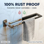 Towel rack comparison showing rust on an ordinary rack and a clean Novera Cerva Towel Rack.
