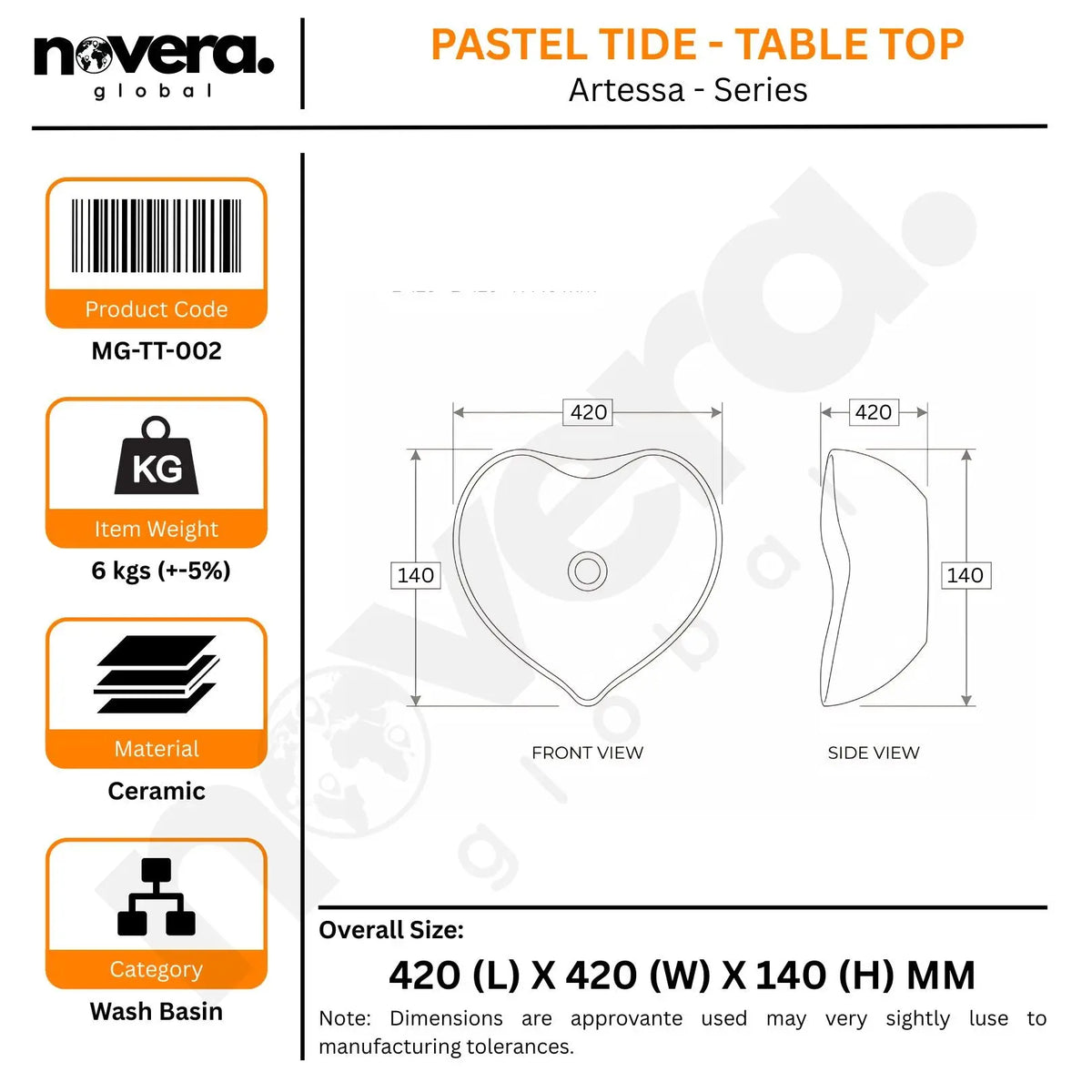 Product packaging for a ceramic wash basin with dimensions and specifications.