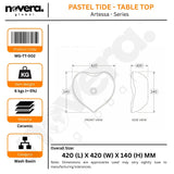 Product packaging for a ceramic wash basin with dimensions and specifications.