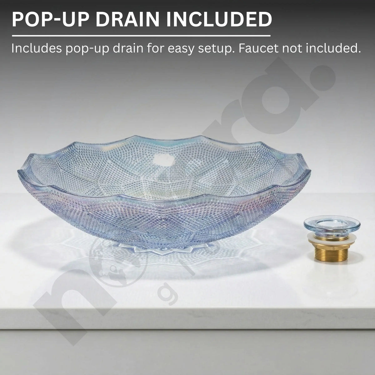 Decorative glass bowl with a pop-up drain on a gray background