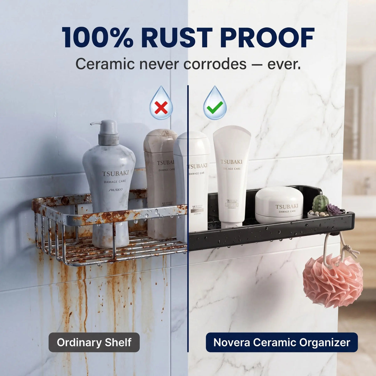 Comparison of an ordinary rusted shelf with a Novera Ceramic Organizer on a marble wall.