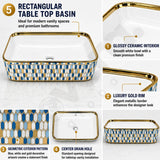 Novera Global Ceramic Table Top Wash Basin | Glossy Gold Rectangular Vessel Sink | Above Counter Vessel Sink for Bathroom Vanity | 5-Year Warranty | Glossy Countertop Wash Bowl (Blue Gold Mosaic) Novera Global