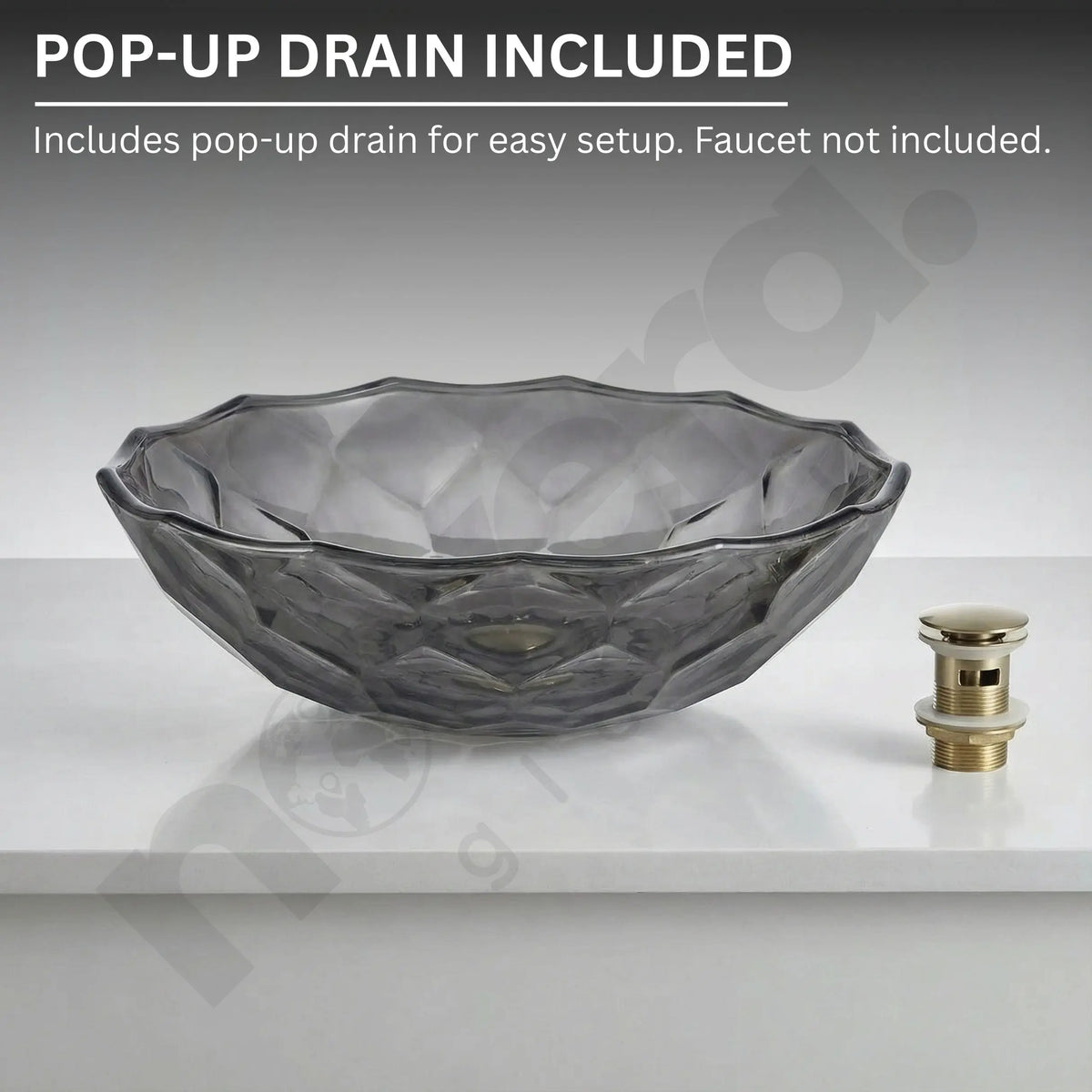 Glass basin with pop-up drain on a gray background